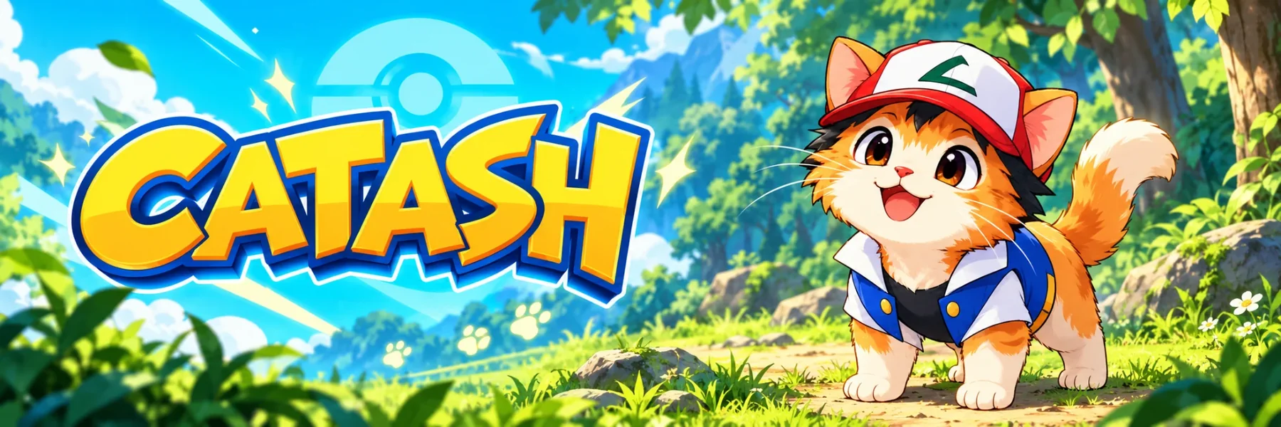 CATASH: a small orange cat in Ash's cap and vest on a sunny forest path